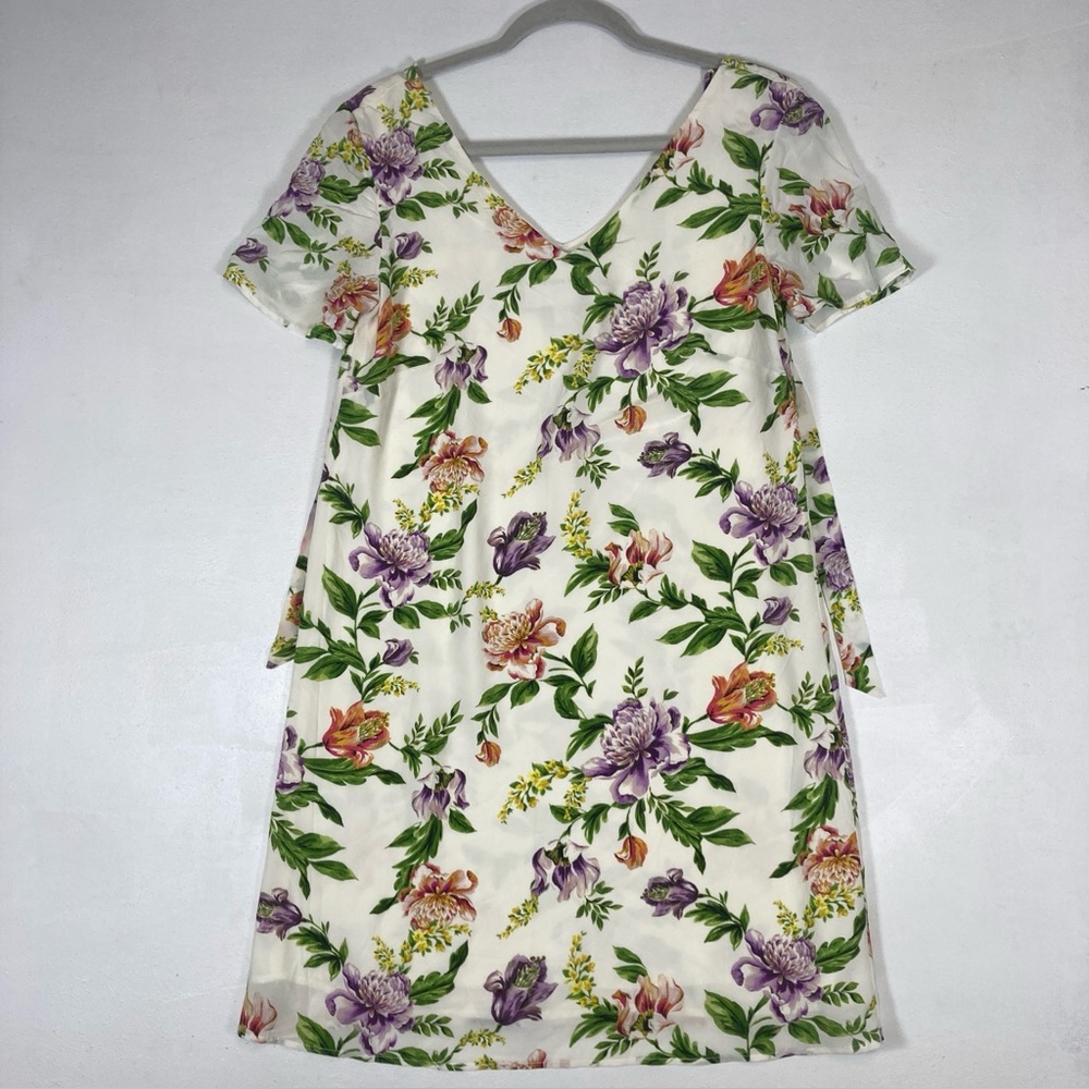 Amour Vert 100% Silk Carla Floral Shift Dress Made in USA Short Sleeve V Neck